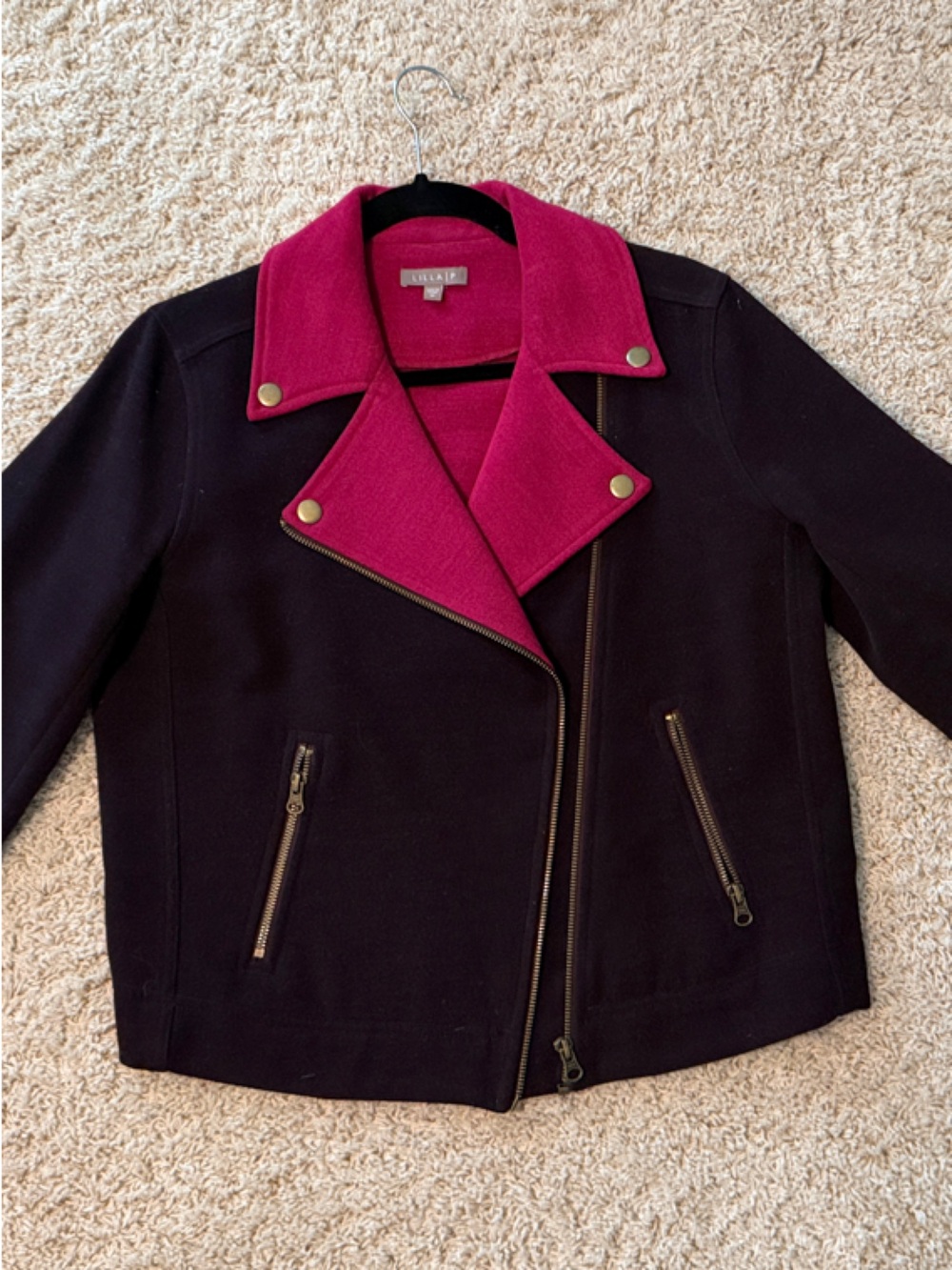LILLA P Womens moto purple Jacket with Pink Collar - Modern Zip Front